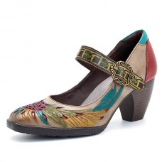 SOCOFY Printing Pattern Mid Heel Buckle Ankle Leather Pumps