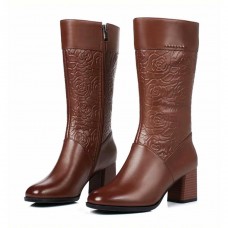 LOSTISY Women Casual Round Toe Square Heel Zipper Mid Calf Boots