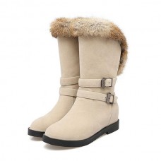 Large Size Buckle Furry Faux Fur Lining Flats Suede Mid-calf Boots