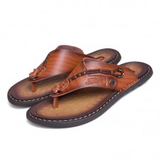 Men Soft Casual Genuine Leather Beach Clip Toe Slippers