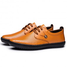 Men Breathable Hollow Out Genuine Leather Casual Oxfords Flats